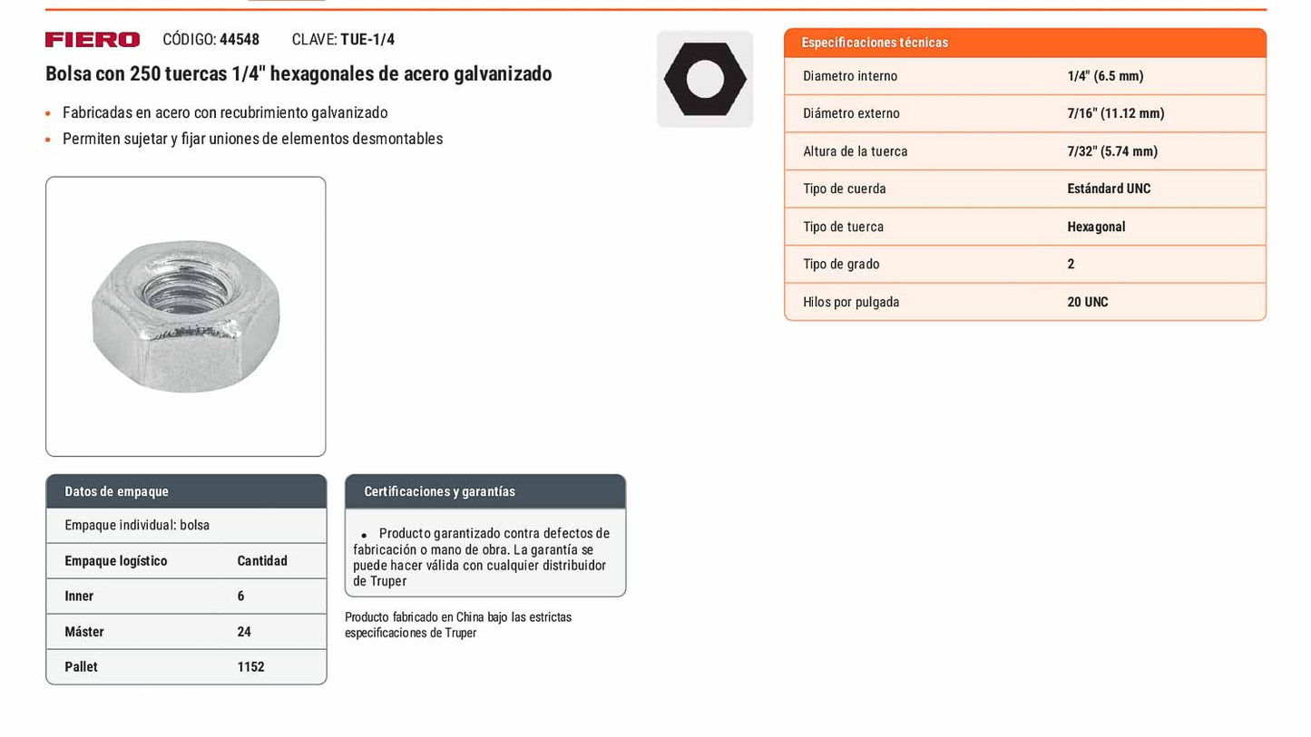 Tuerca hexagonal galvanizada 1/4 pulg