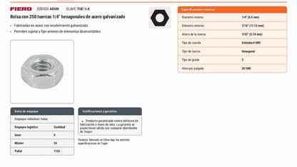 Tuerca hexagonal galvanizada 1/4 pulg