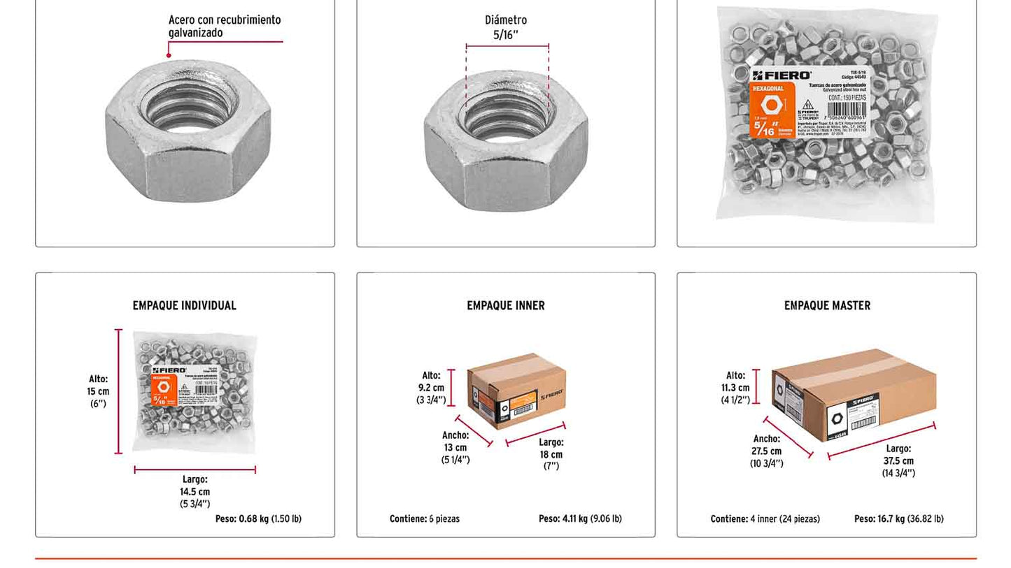 Tuerca hexagonal galvanizada 5/16 pulg
