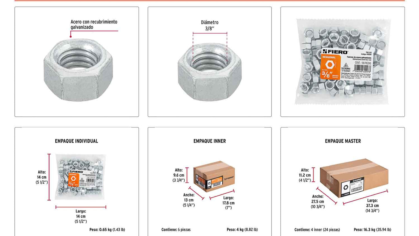 Tuerca hexagonal galvanizada 3/8 pulg
