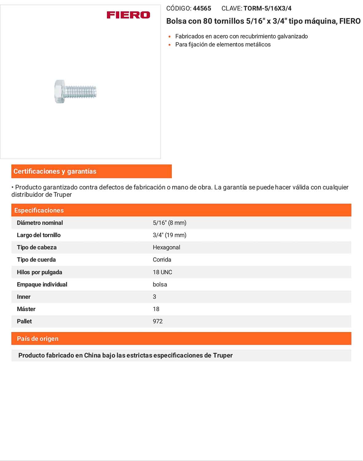 Tornillos tipo maquina 5/16 x 3/4