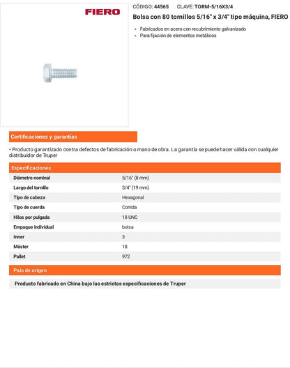 Tornillos tipo maquina 5/16 x 3/4