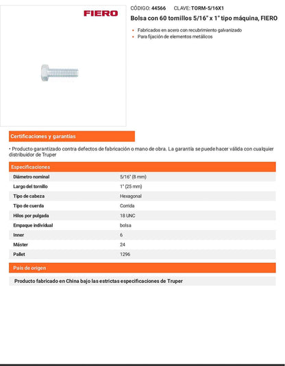 Tornillos tipo maquina 5/16 x 1