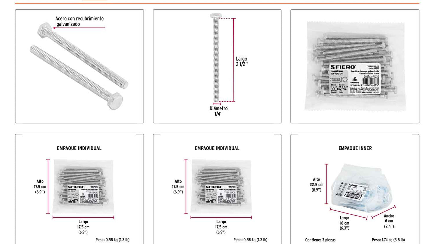 Tornillos tipo maquina 1/4 x 3-1/2