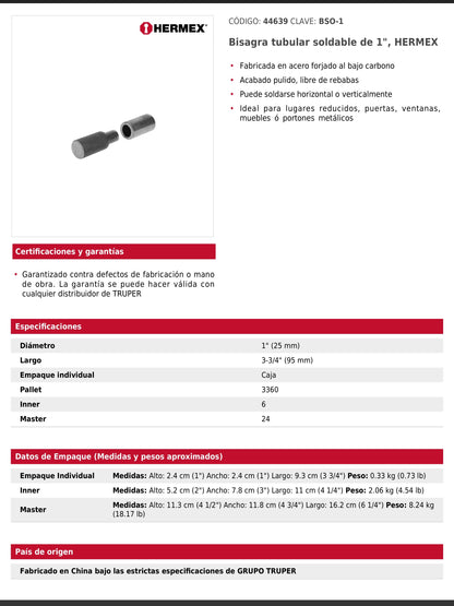 Bisagra tubular soldable de 1 pulgada