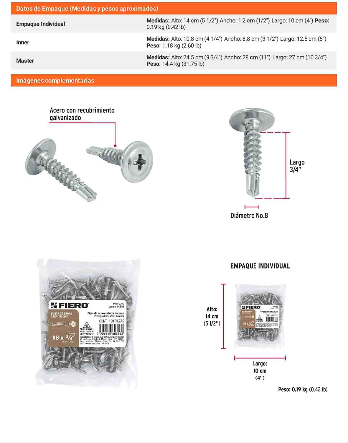 100 Tornillos K-LATH Punta Broca 8x3/4 pulg