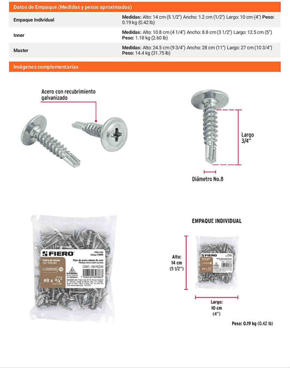 100 Tornillos K-LATH Punta Broca 8x3/4 pulg