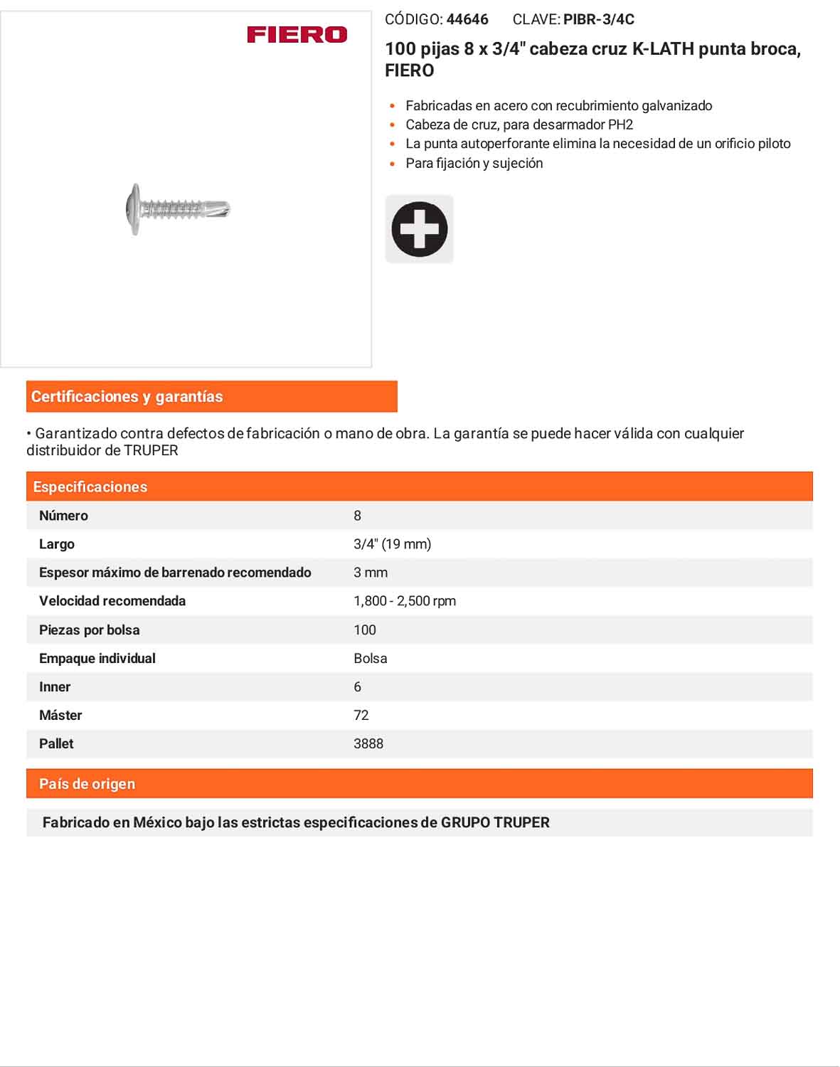 100 Tornillos K-LATH Punta Broca 8x3/4 pulg