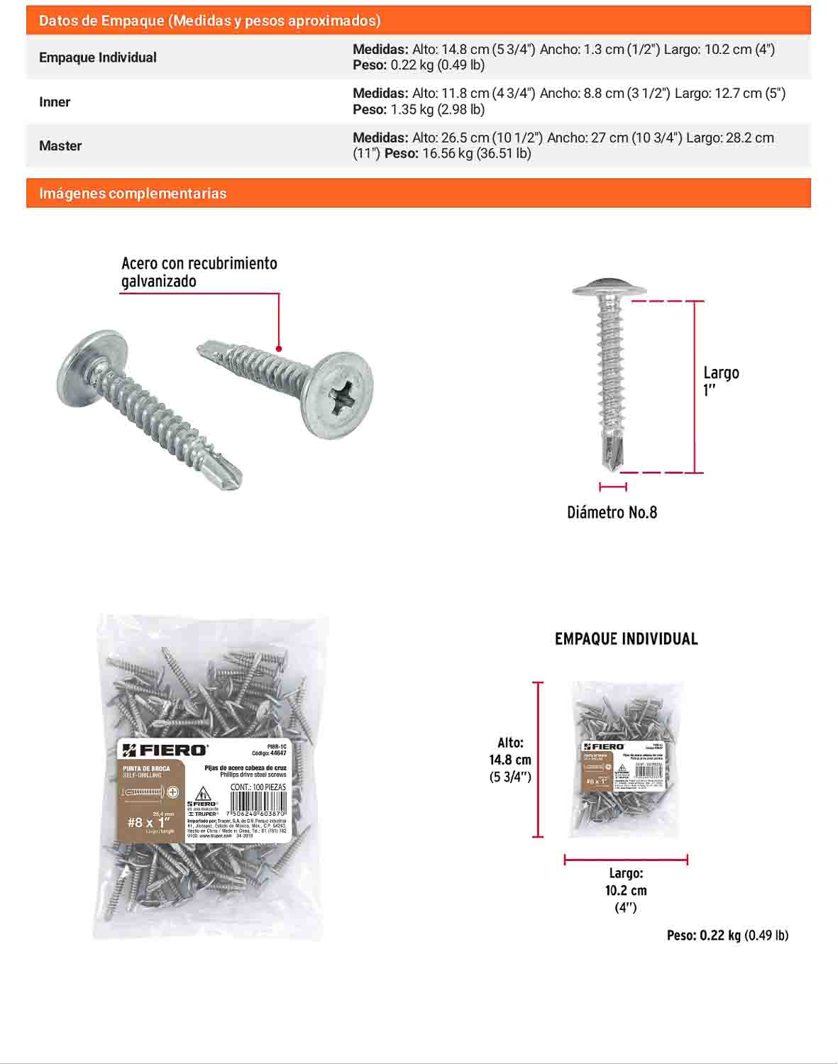 100 Tornillos K-LATH Punta Broca 8x1 pulg