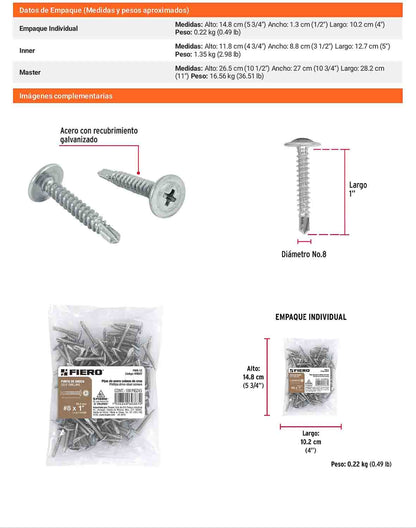 100 Tornillos K-LATH Punta Broca 8x1 pulg