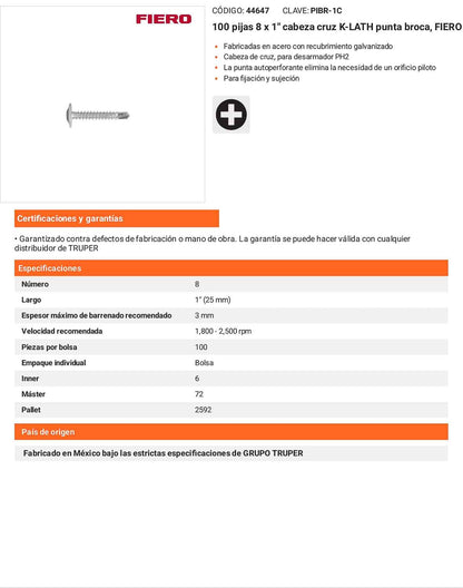 100 Tornillos K-LATH Punta Broca 8x1 pulg