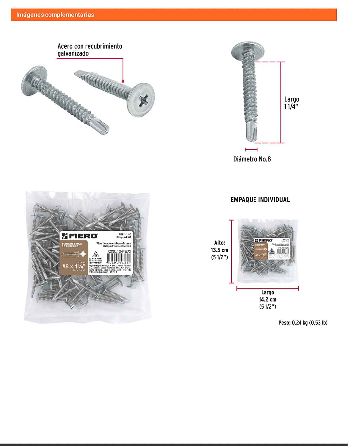 100 Tornillos K-LATH Punta Broca 8x1-1/4 pulg
