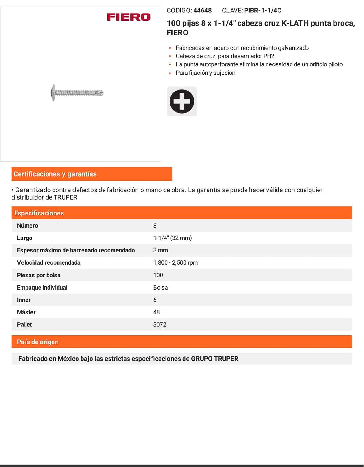 100 Tornillos K-LATH Punta Broca 8x1-1/4 pulg
