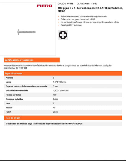 100 Tornillos K-LATH Punta Broca 8x1-1/4 pulg