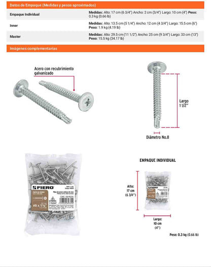 100 Tornillos K-LATH Punta Broca 8x1-1/2 pulg