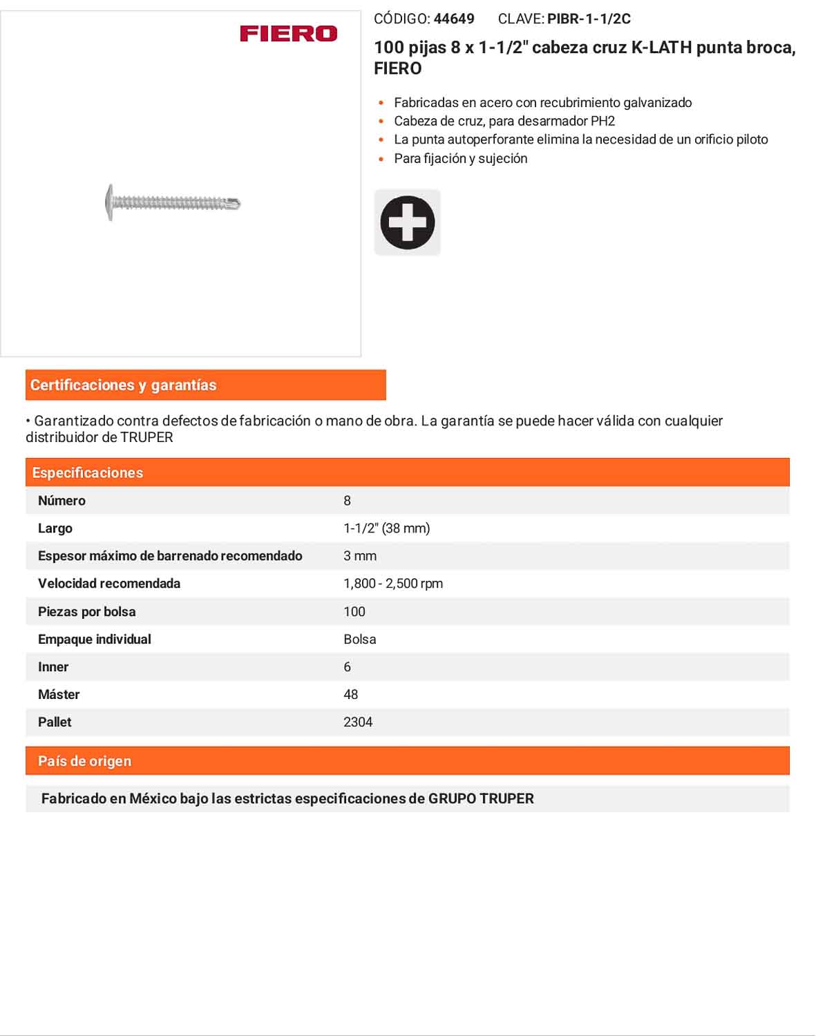 100 Tornillos K-LATH Punta Broca 8x1-1/2 pulg