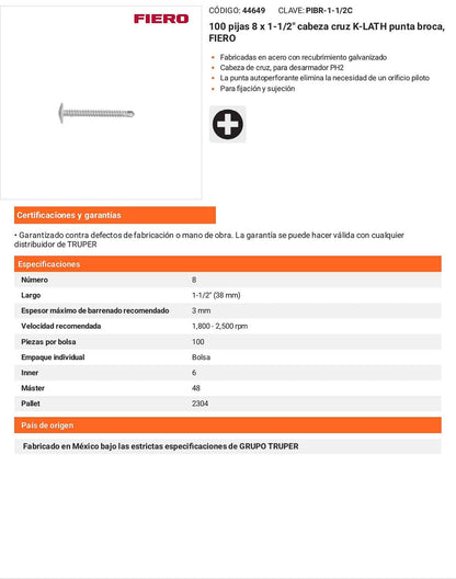100 Tornillos K-LATH Punta Broca 8x1-1/2 pulg