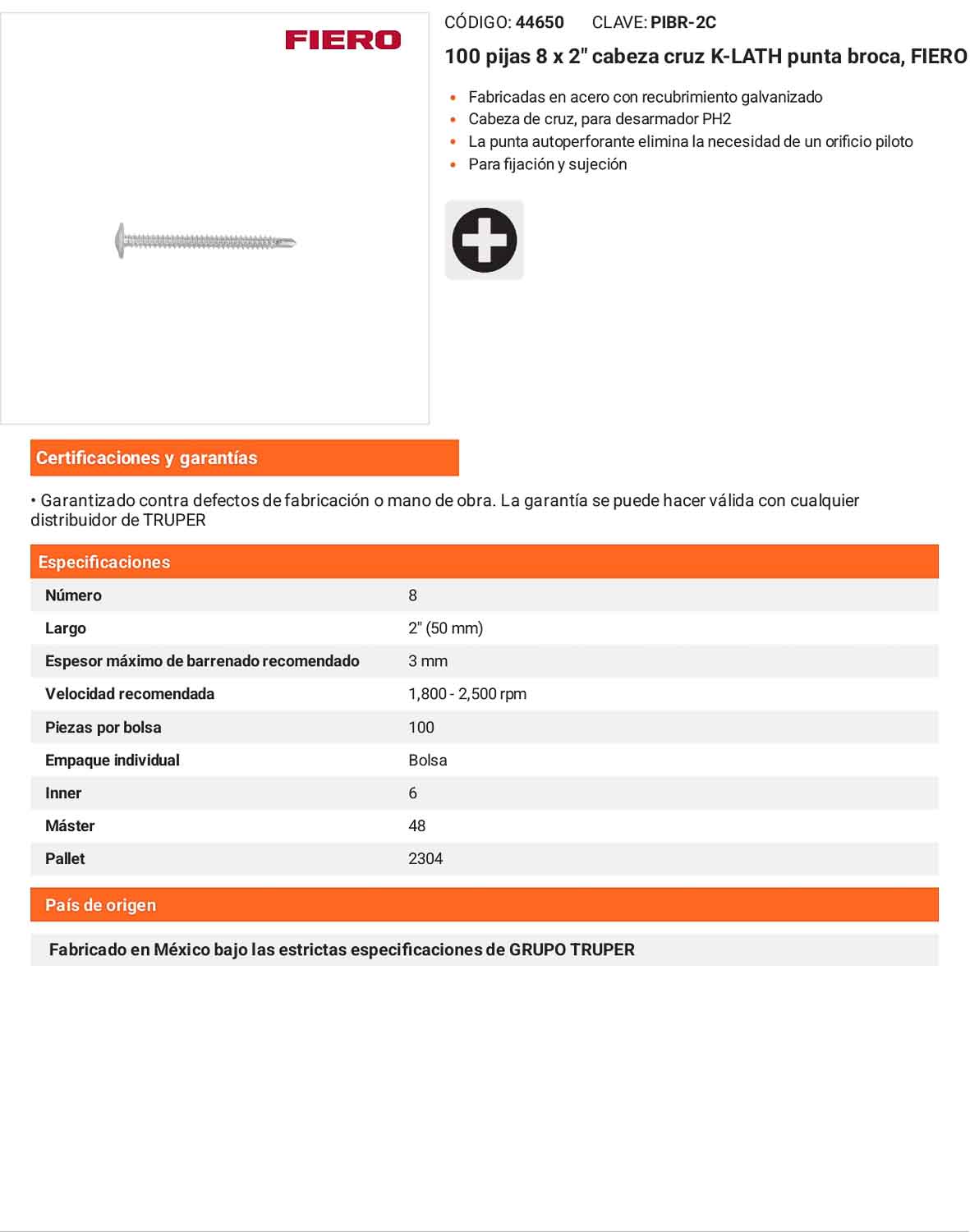 100 Tornillos K-LATH Punta Broca 8x2 pulg