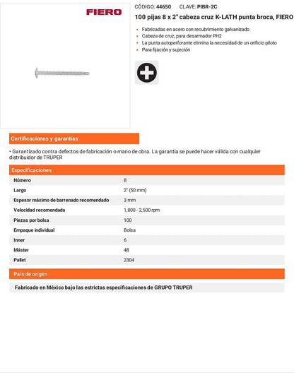 100 Tornillos K-LATH Punta Broca 8x2 pulg