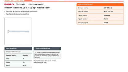 Tornillos tipo maquina 3/8 x 4-1/2