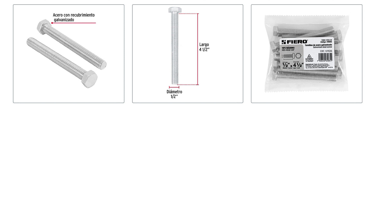 Tornillo maquina galvanizado 1/2 x 4-1/2 pulg