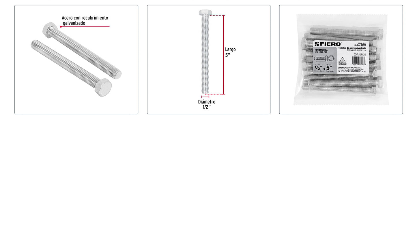 Tornillo maquina galvanizado 1/2 x 5 pulg