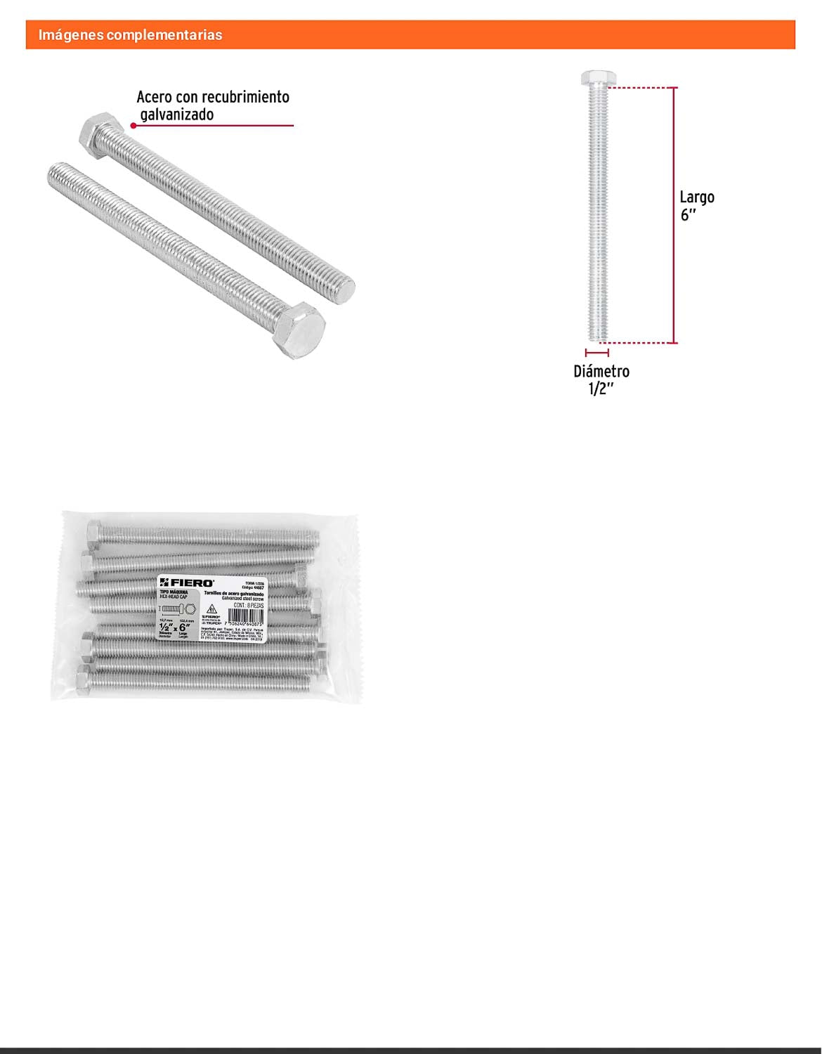 Tornillo maquina galvanizado 1/2 x 6 pulg