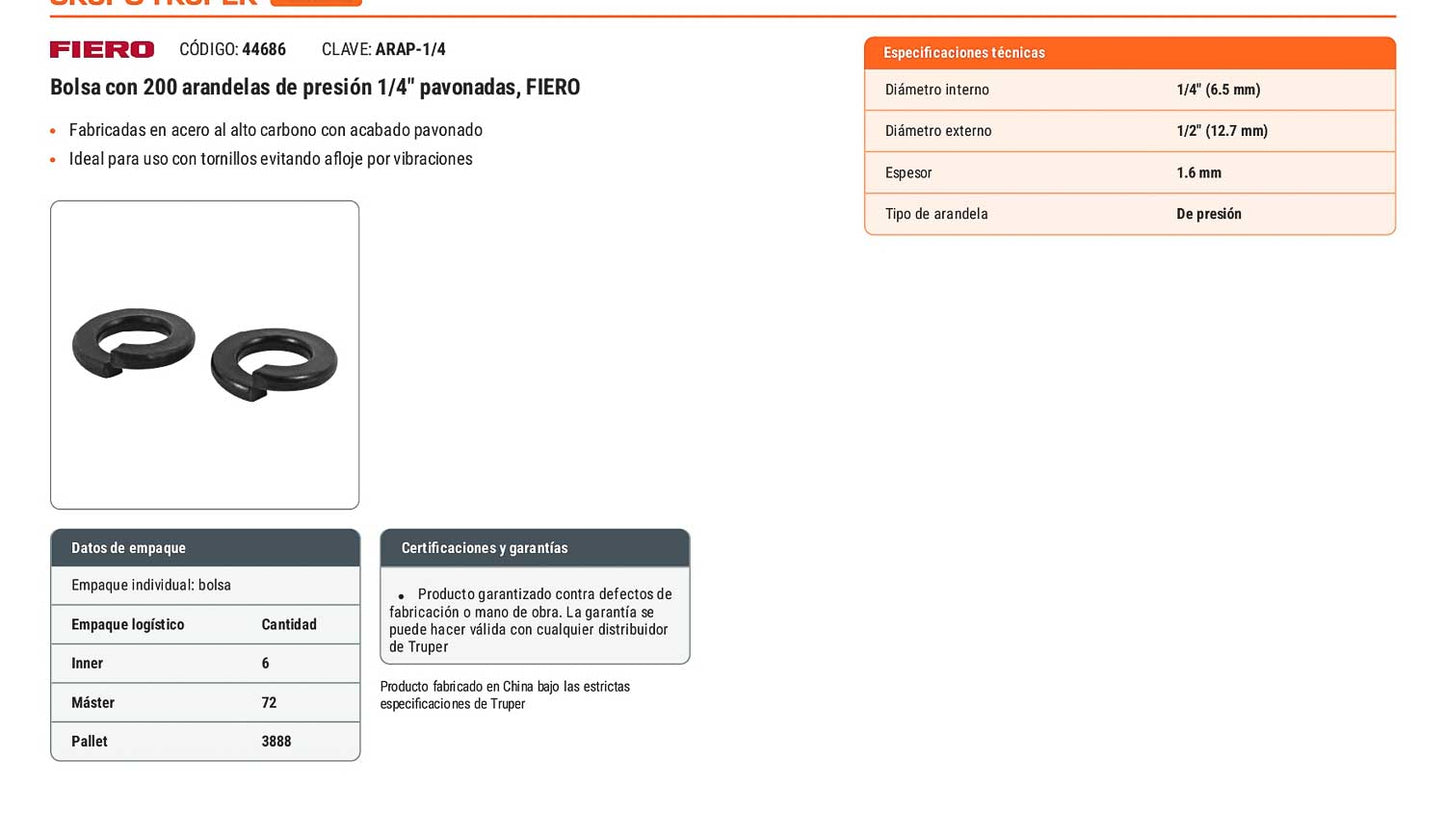 200 Arandelas de Presión Pavonadas 1/4 pulg