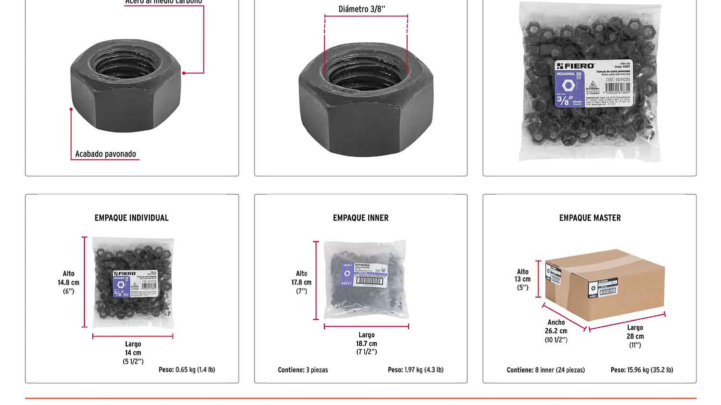 Tuerca hexagonal pavonada 3/8 pulg