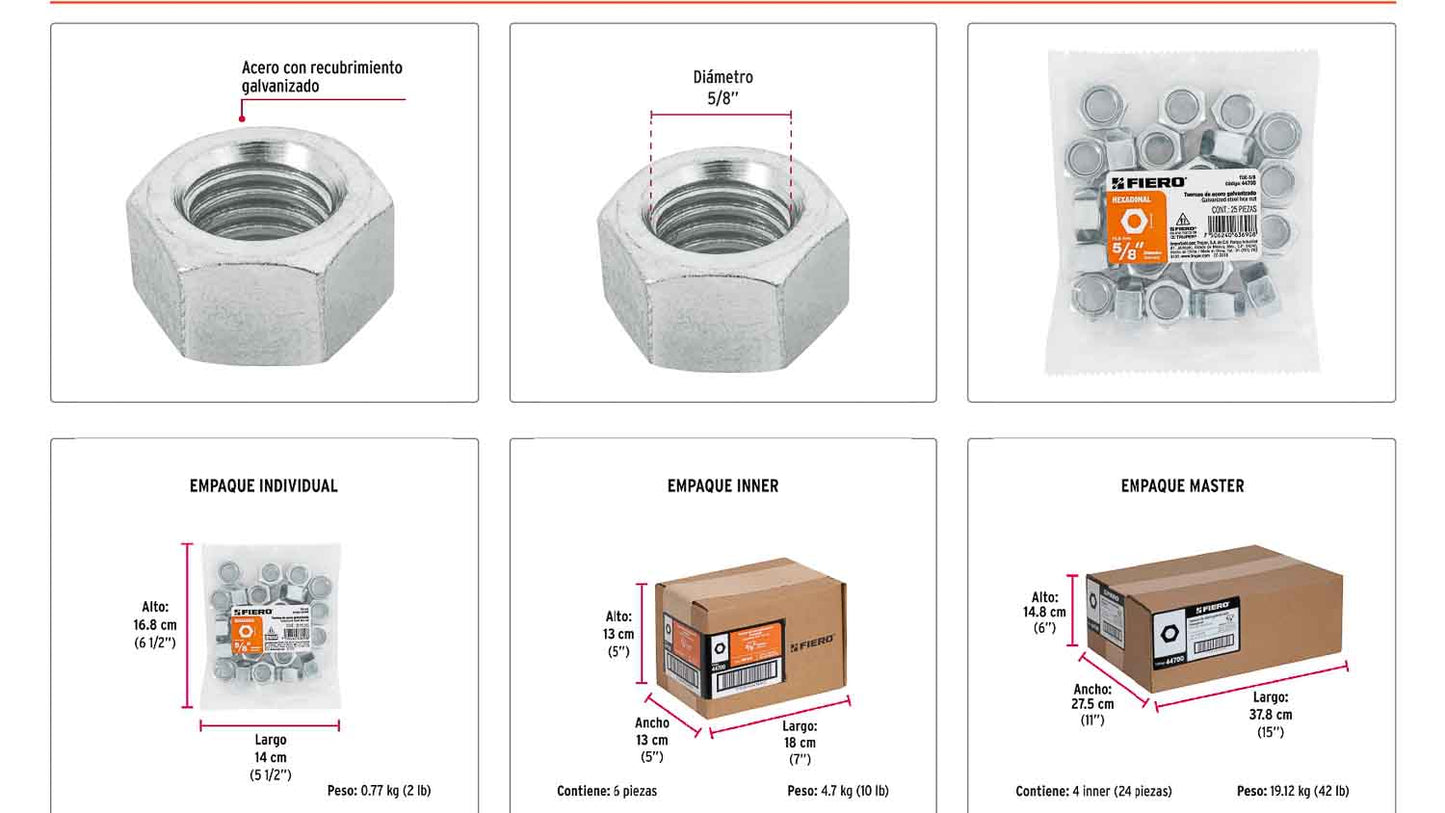 Tuerca hexagonal galvanizada 5/8 pulg
