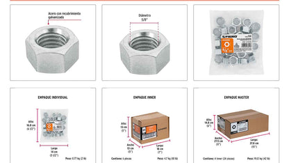 Tuerca hexagonal galvanizada 5/8 pulg