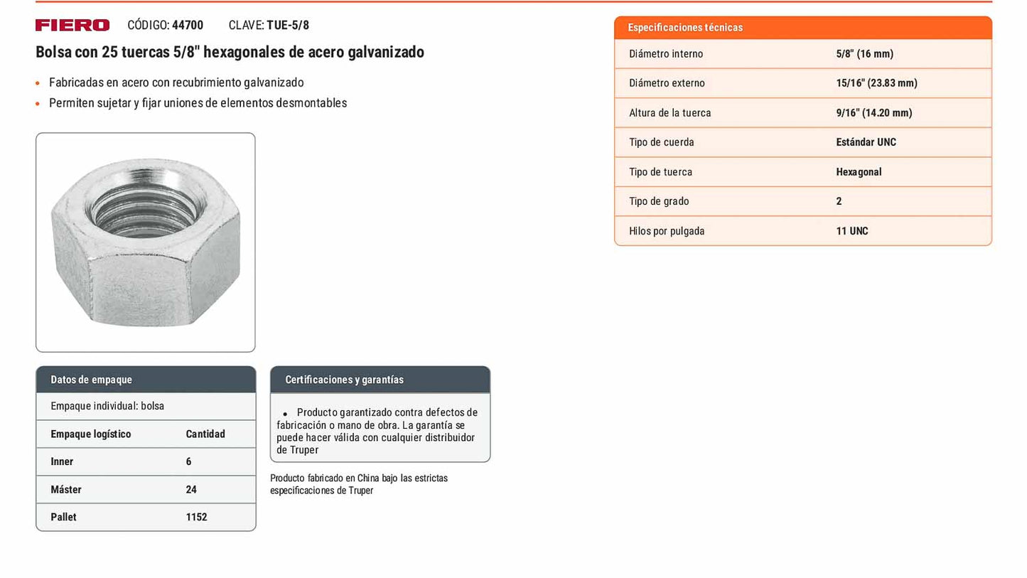 Tuerca hexagonal galvanizada 5/8 pulg
