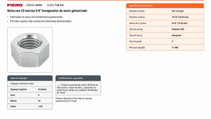 Tuerca hexagonal galvanizada 5/8 pulg
