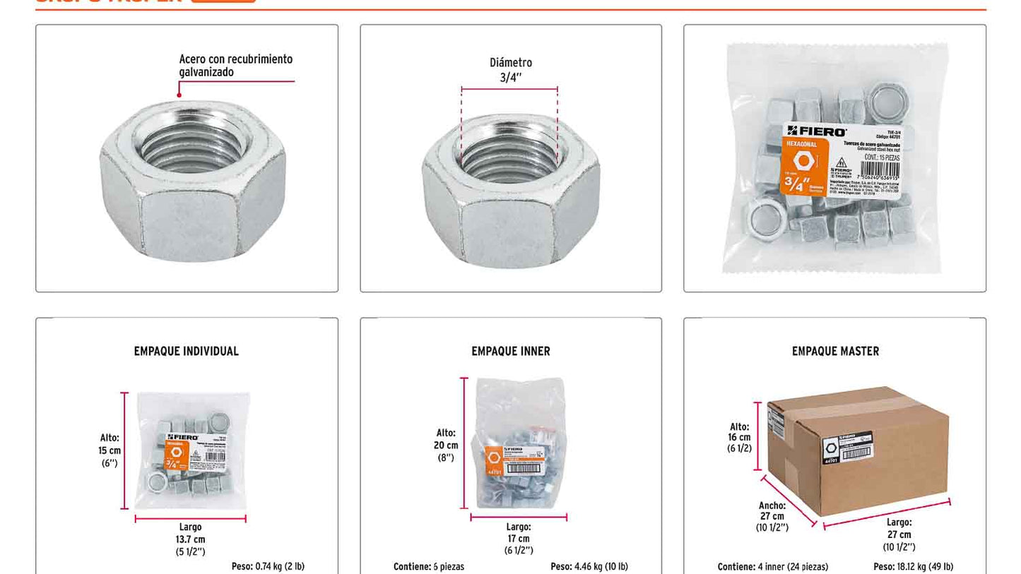 Tuerca hexagonal galvanizada 3/4 pulg