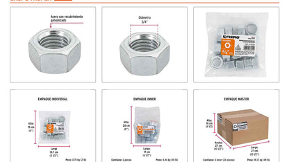 Tuerca hexagonal galvanizada 3/4 pulg