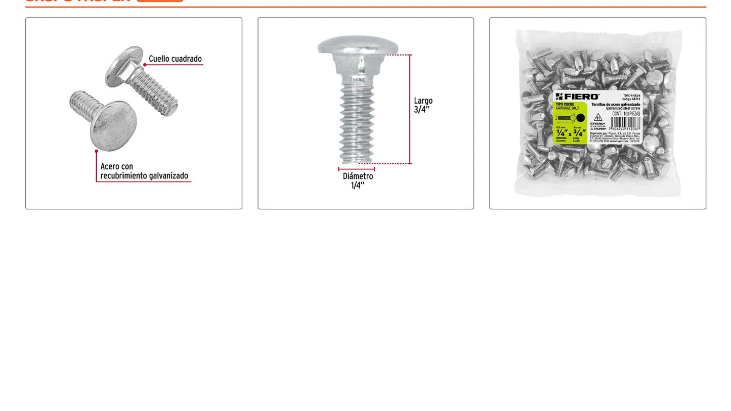 Tornillo coche galvanizado 1/4 x 3/4 pulg