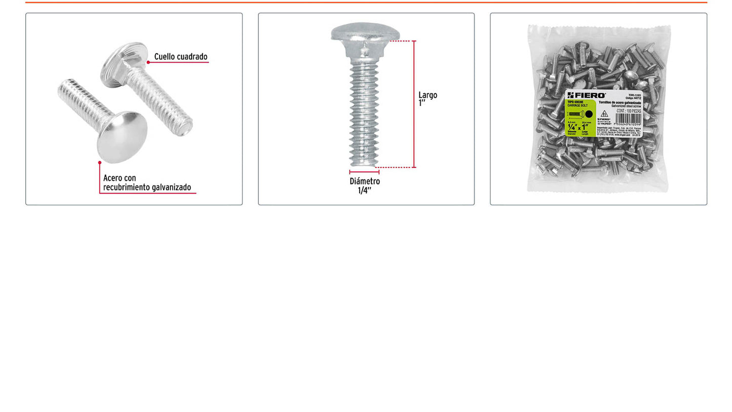 Tornillo coche galvanizado 1/4 x 1 pulg