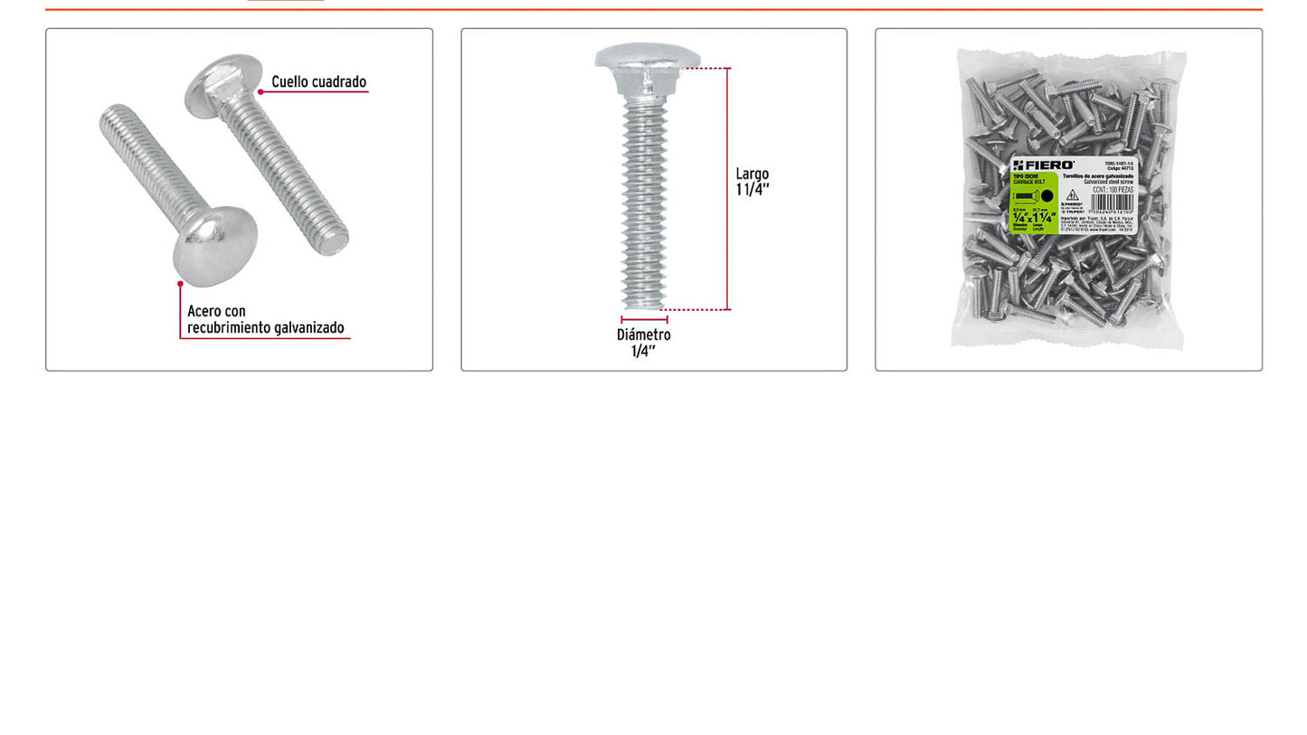 Tornillo coche galvanizado 1/4 x 1-1/4 pulg