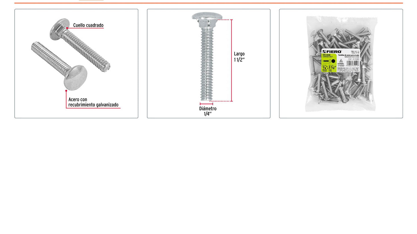 Tornillo coche galvanizado 1/4 x 1-1/2 pulg