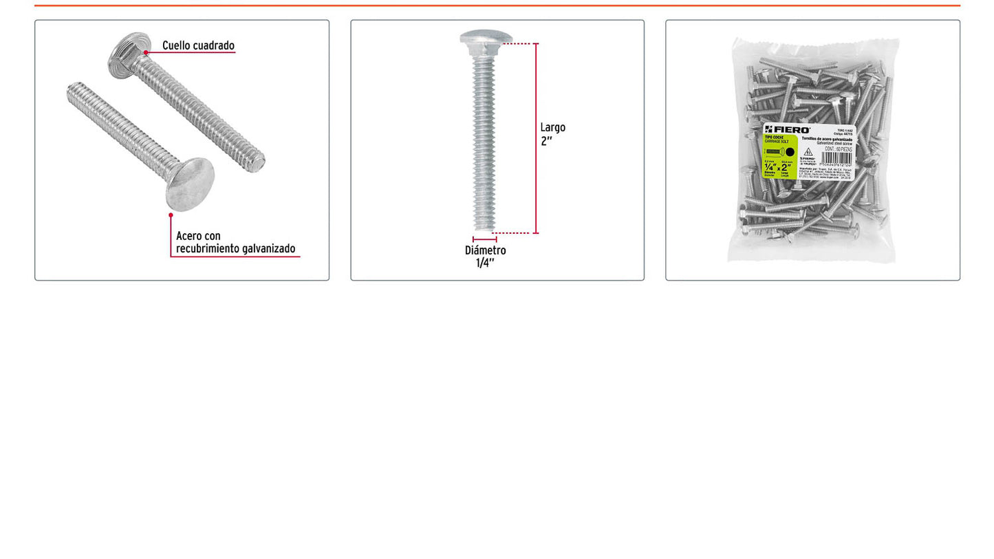 Tornillo coche galvanizado 1/4 x 2 pulg