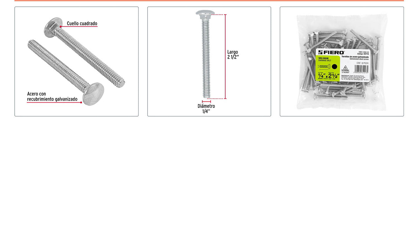Tornillo coche galvanizado 1/4 x 2-1/2 pulg