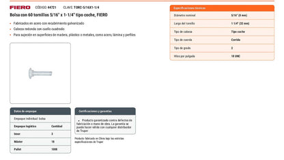 Tornillo coche galvanizado 5/16 x 1-1/4 pulg