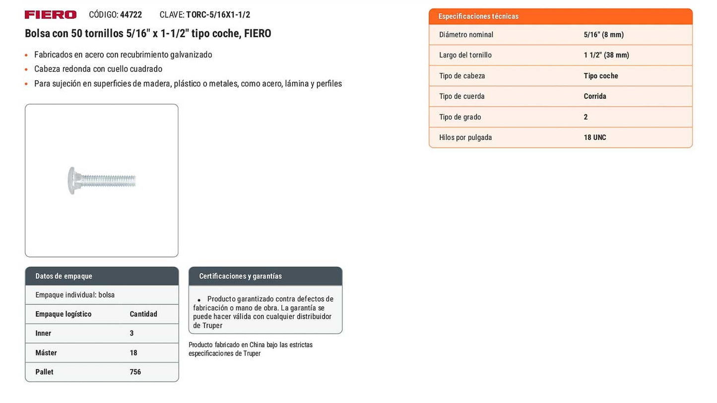 Tornillo coche galvanizado 5/16 x 1-1/2 pulg