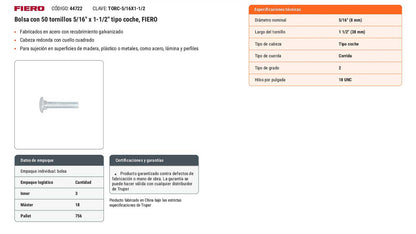 Tornillo coche galvanizado 5/16 x 1-1/2 pulg