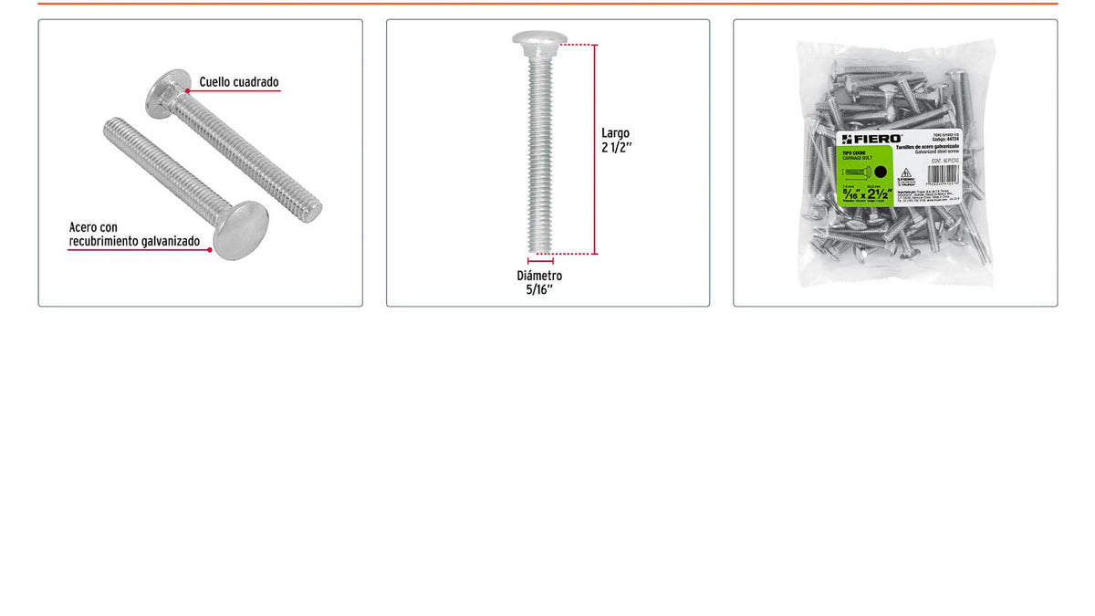 Tornillo coche galvanizado 5/16 x 2-1/2 pulg