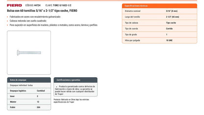 Tornillo coche galvanizado 5/16 x 2-1/2 pulg