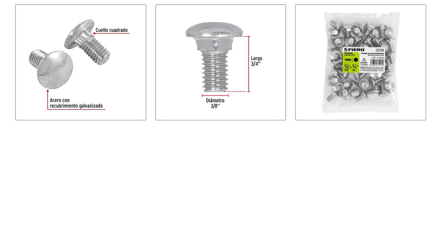 Tornillo coche galvanizado 3/8 x 3/4 pulg