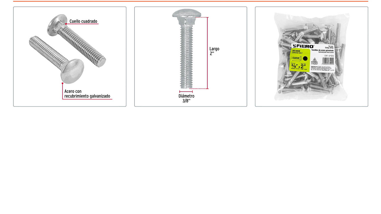 Tornillo coche galvanizado 3/8 x 2 pulg