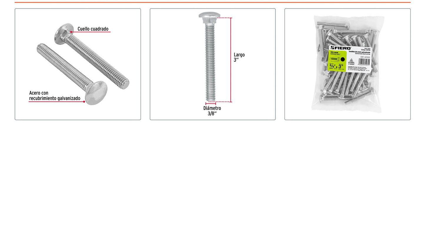 Tornillo coche galvanizado 3/8 x 3 pulg