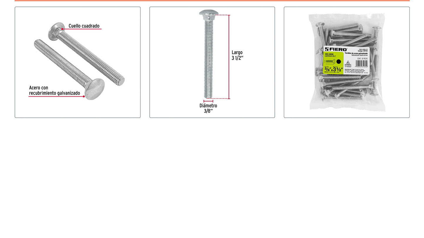 Tornillo coche galvanizado 3/8 x 3-1/2 pulg